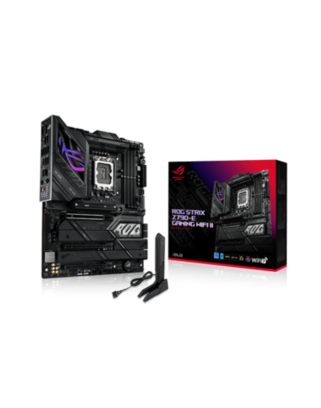 Asus | ROG STRIX Z790-E GAMING WIFI II | Processor family Intel | Processor socket LGA1700 | DDR5 DIMM | Supported hard disk drive interfaces SATA, M.2 | Number of SATA connectors 4