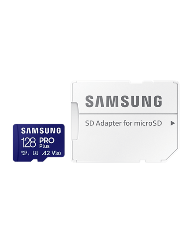 Samsung | MicroSD Card with SD Adapter | PRO Plus | 128 GB | microSDXC Memory Card | Flash memory class U3, V30, A2 | SD adapter