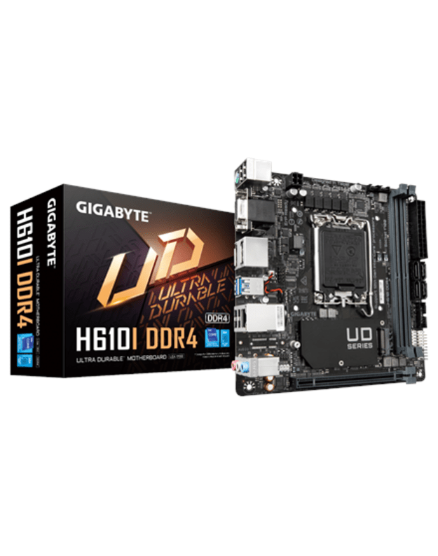 Gigabyte | H610I | Processor family Intel | Processor socket LGA1700 | DDR4 DIMM | Supported hard disk drive interfaces M.2, SATA | Number of SATA connectors 4